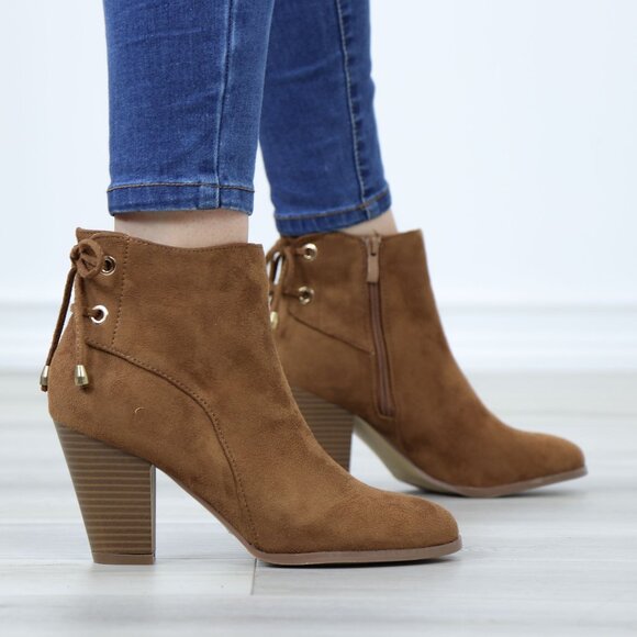 Brown Faux Suede Pointed Toe Low Heel Ankle Boots Back Laces Booties - Picture 4 of 12